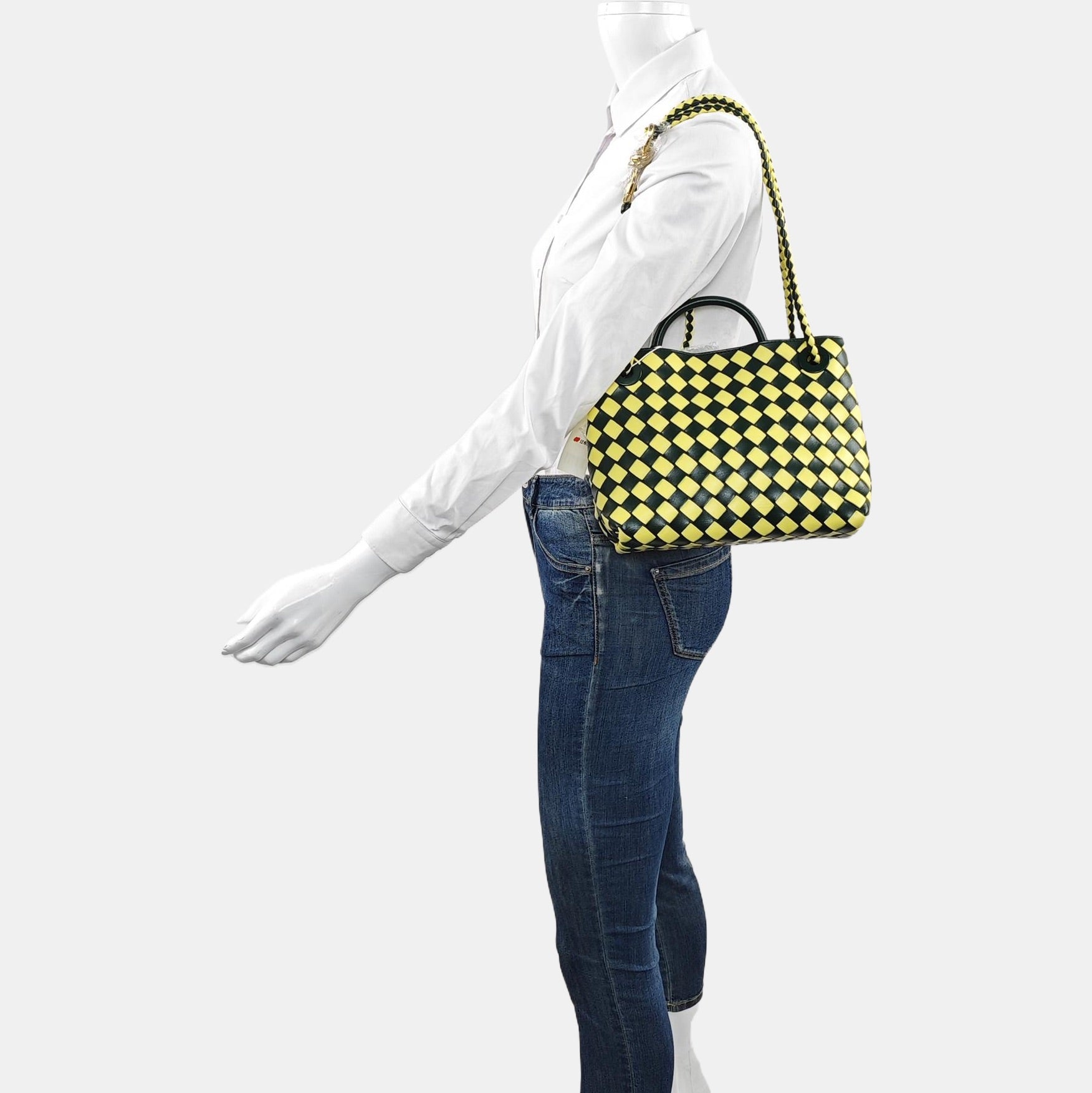 Bottega Veneta Andiamo Small Yellow and Green Checkered Intrecciato Leather Handbag