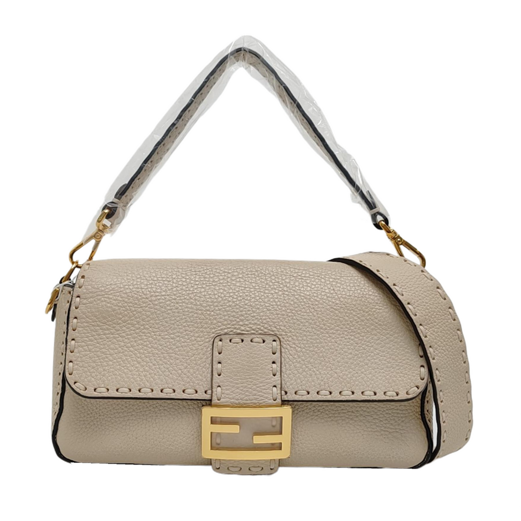 Fendi Baguette Selleria Medium Off White Cream Calfskin Leather Crossbody Bag Medium