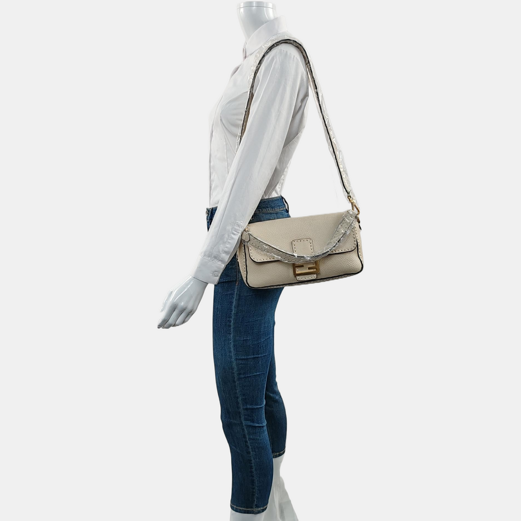 Fendi Baguette Selleria Medium Off White Cream Calfskin Leather Crossbody Bag Medium