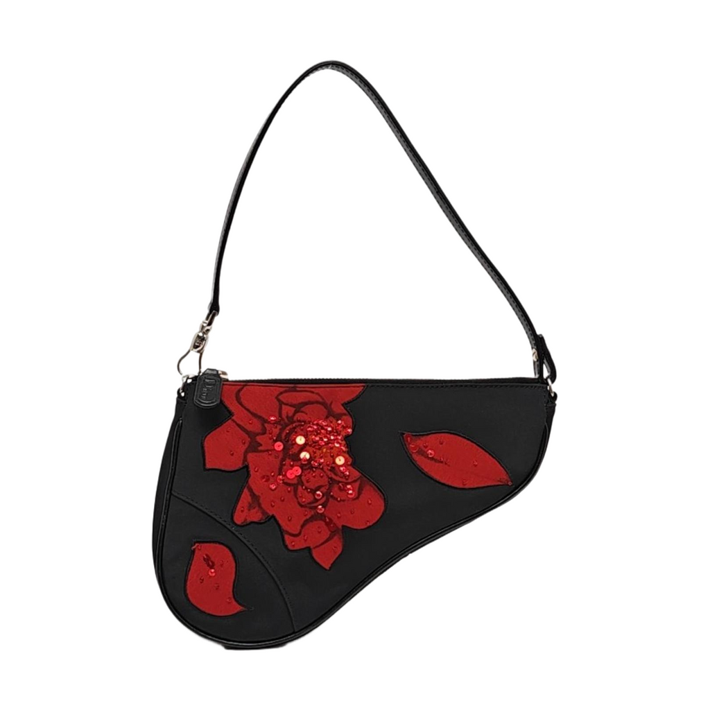 Dior Saddle Mini Classic Black Nylon Red Flower Embroidery Clutch Bag