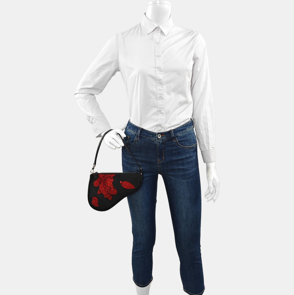 Dior Saddle Mini Classic Black Nylon Red Flower Embroidery Clutch Bag