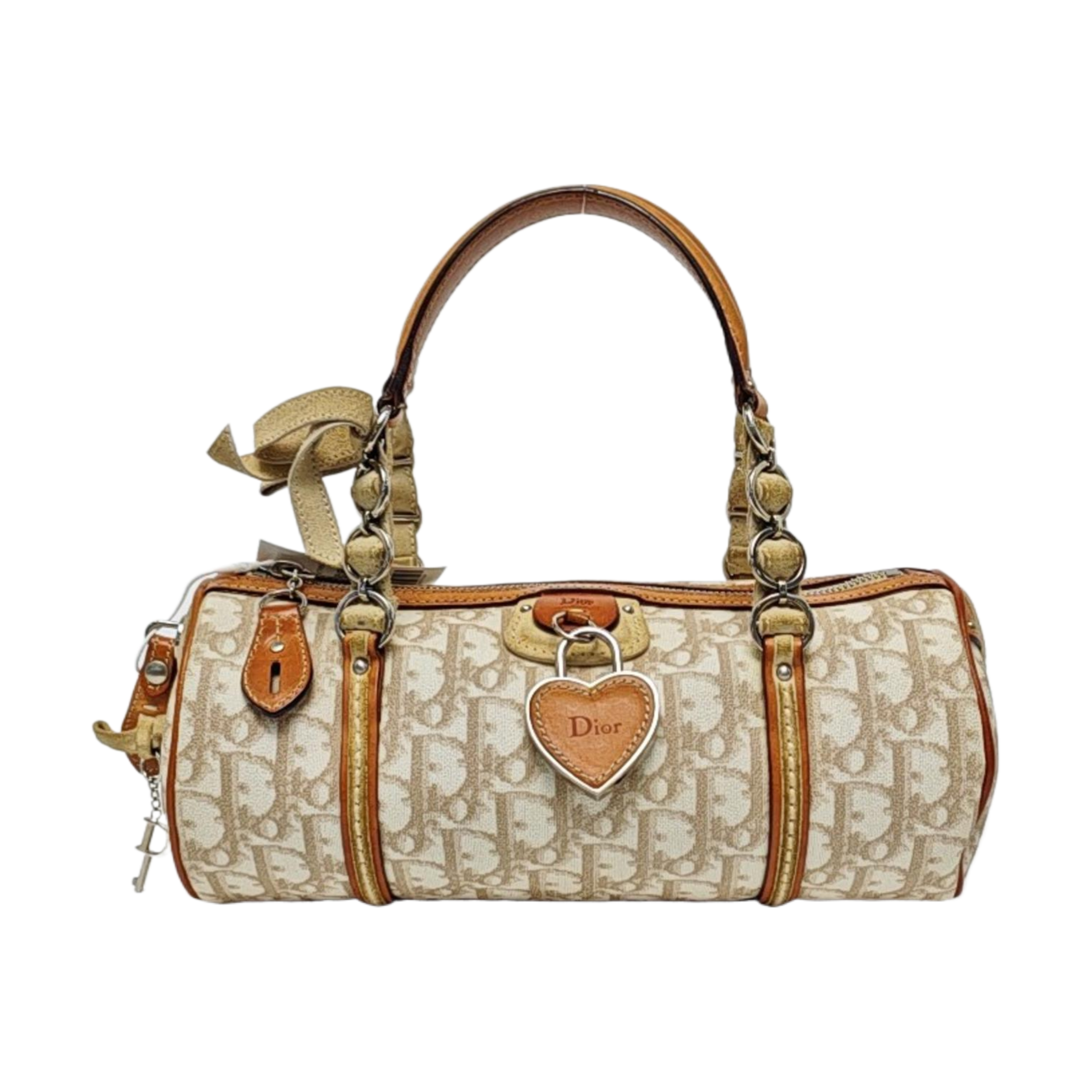 Dior Small Trotter Romantique Boston Bag Beige Monogram Leather Heart Charm