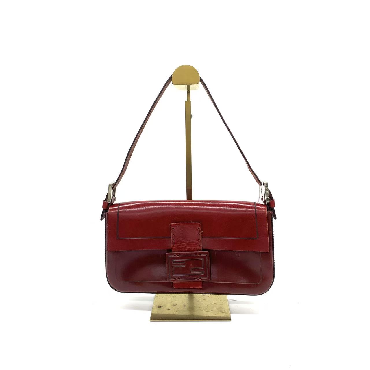 Fendi Baguette Shiny Red Calfskin Leather Shoulder Bag