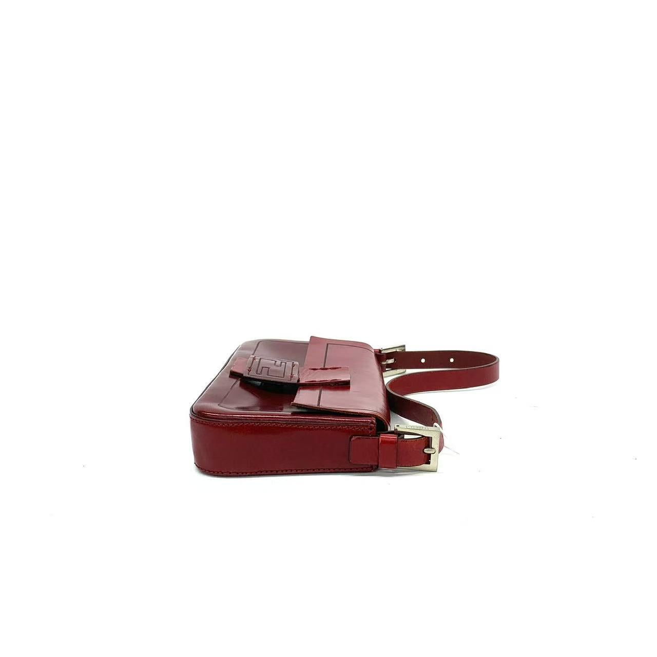 Fendi Baguette Shiny Red Calfskin Leather Shoulder Bag