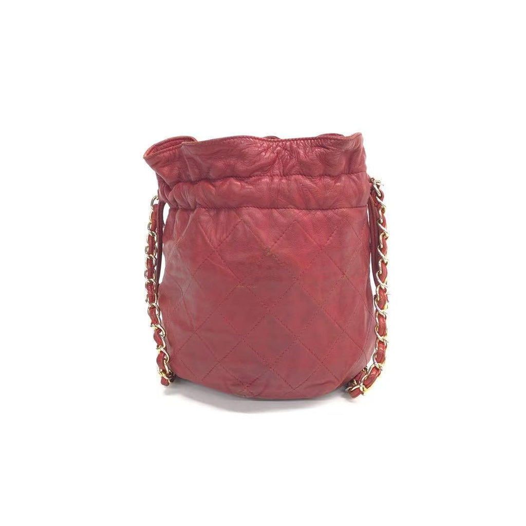 Chanel Vintage Drawstring Mini Bucket Bag Red Lambskin Matelasse