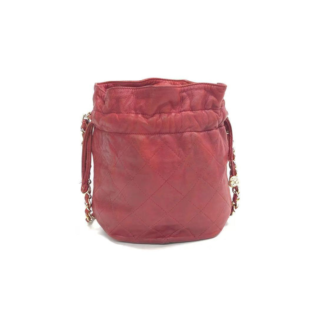 Chanel Vintage Drawstring Mini Bucket Bag Red Lambskin Matelasse