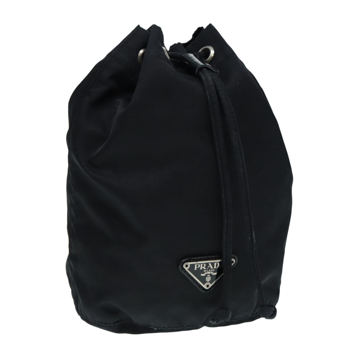 PRADA Drawstring Pouch Nylon Black Silver ac3236
