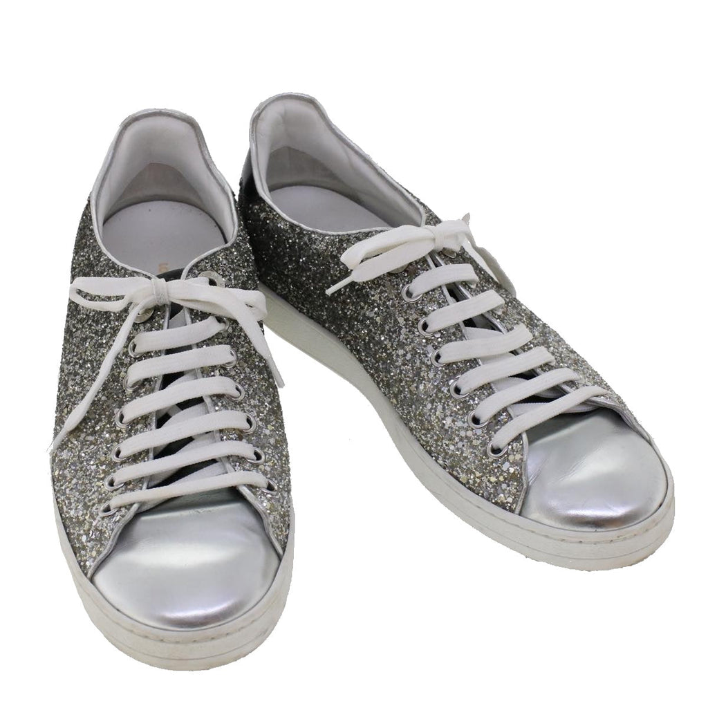 LOUIS VUITTON Front Low Line Glitter Sneakers Leather 38.5 Silver LV ak199