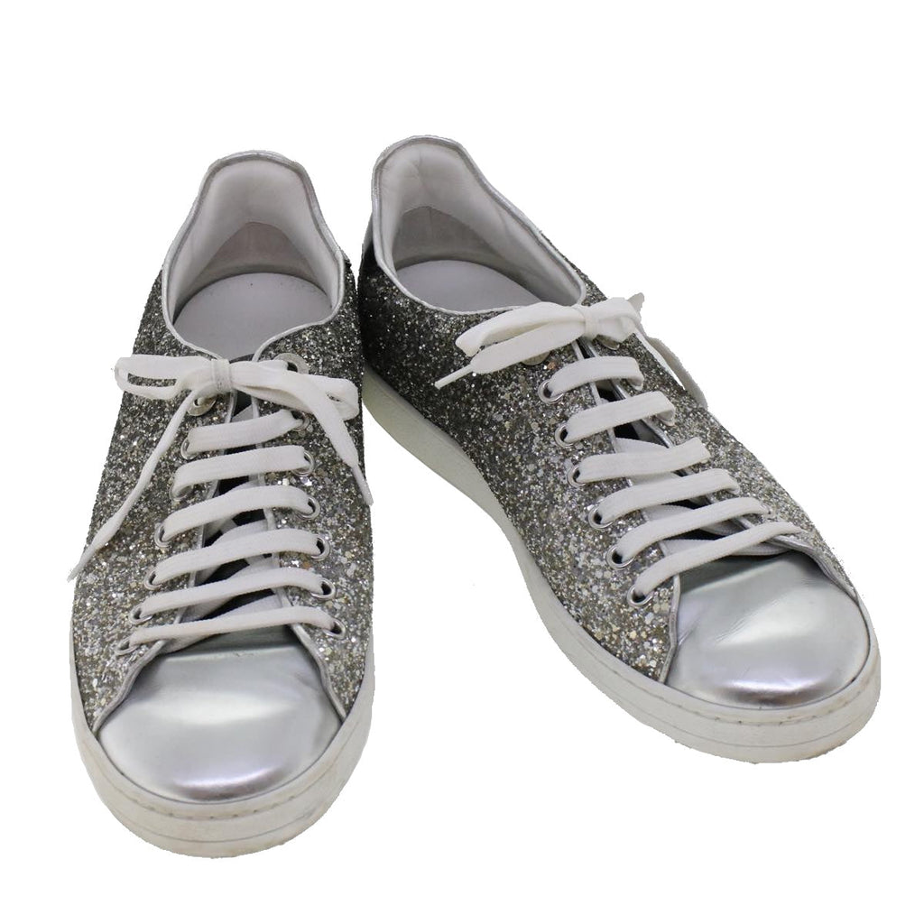LOUIS VUITTON Front Low Line Glitter Sneakers Leather 38.5 Silver LV ak199