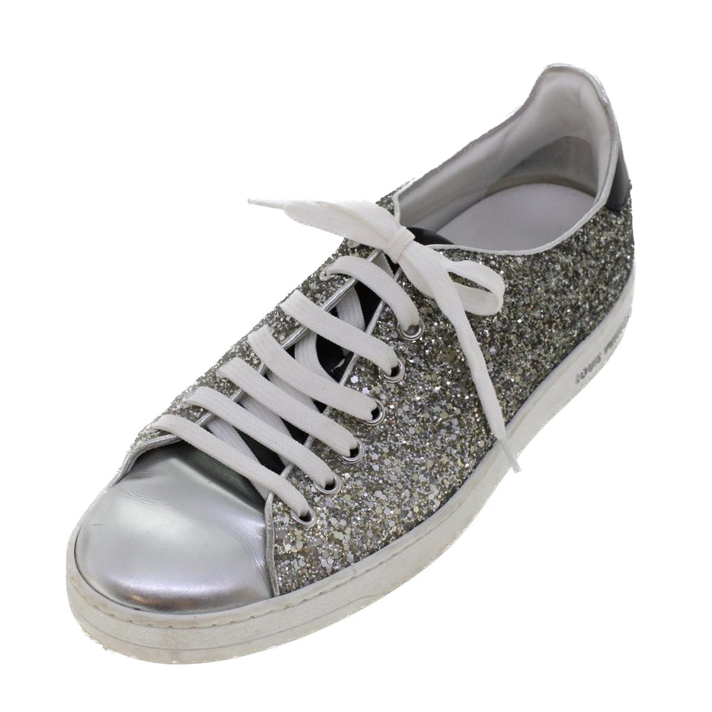 LOUIS VUITTON Front Low Line Glitter Sneakers Leather 38.5 Silver LV ak199