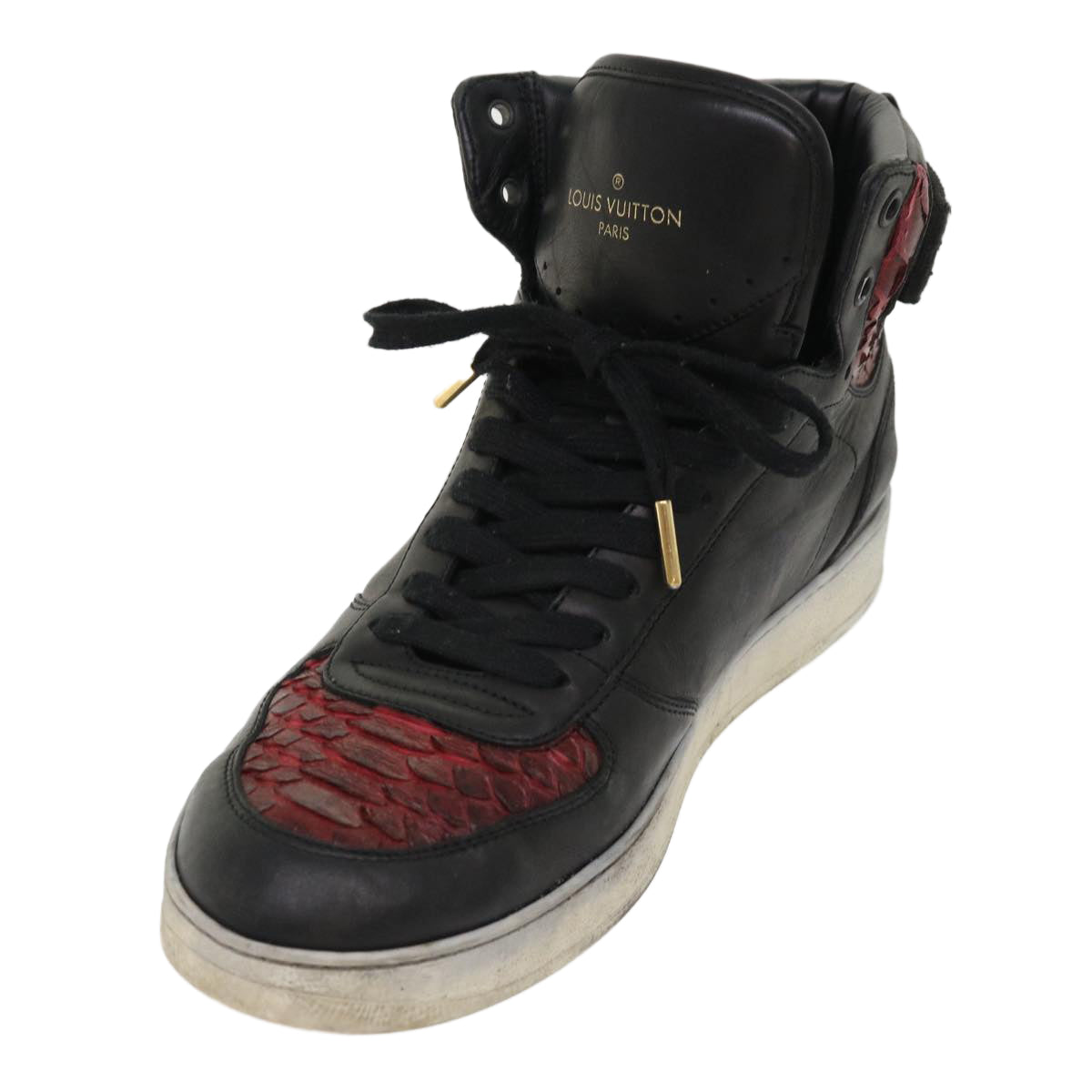 LOUIS VUITTON High Top Sneakers Exotic Leather 5.5 Black Red LV ak201