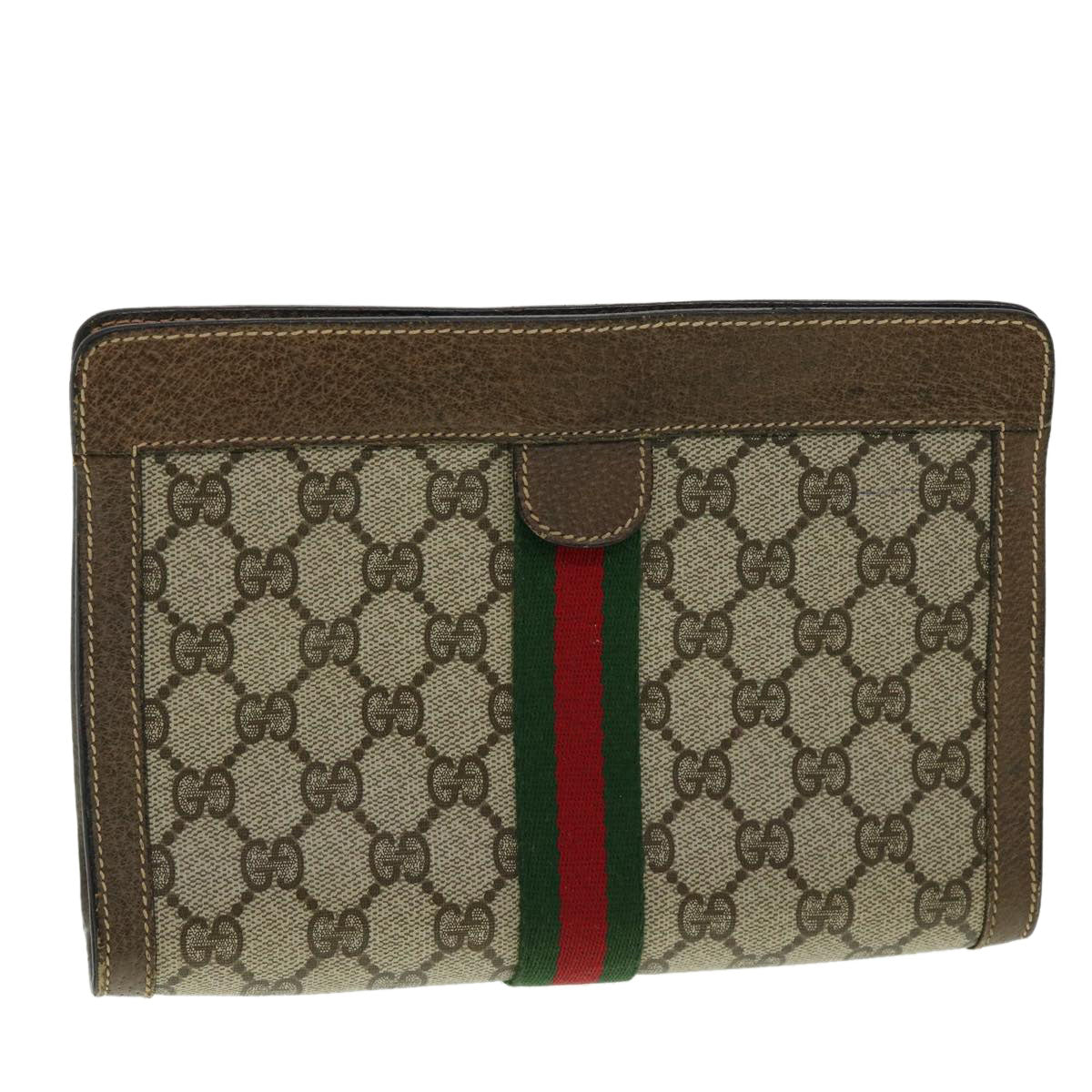 GUCCI GG Canvas Web Sherry Line Clutch Bag Beige Red Green am3107