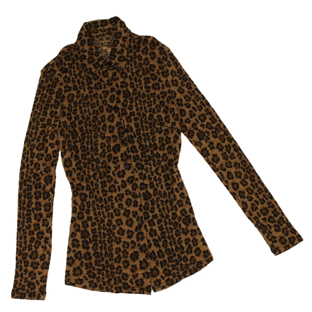 FENDI Leopard Long Sleeved Shirt Wool Brown am3595