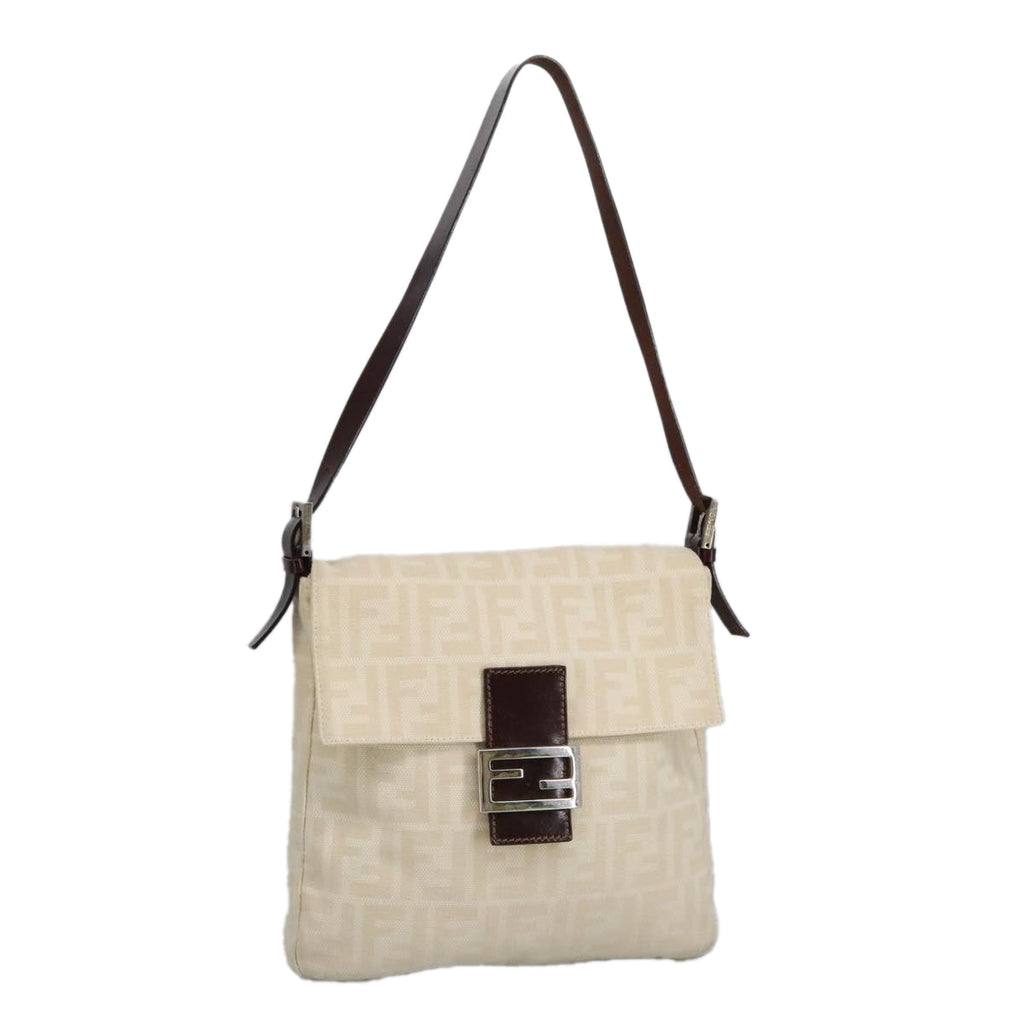 FENDI Zucca Canvas Mamma Baguette Shoulder Bag Beige Silver am7156