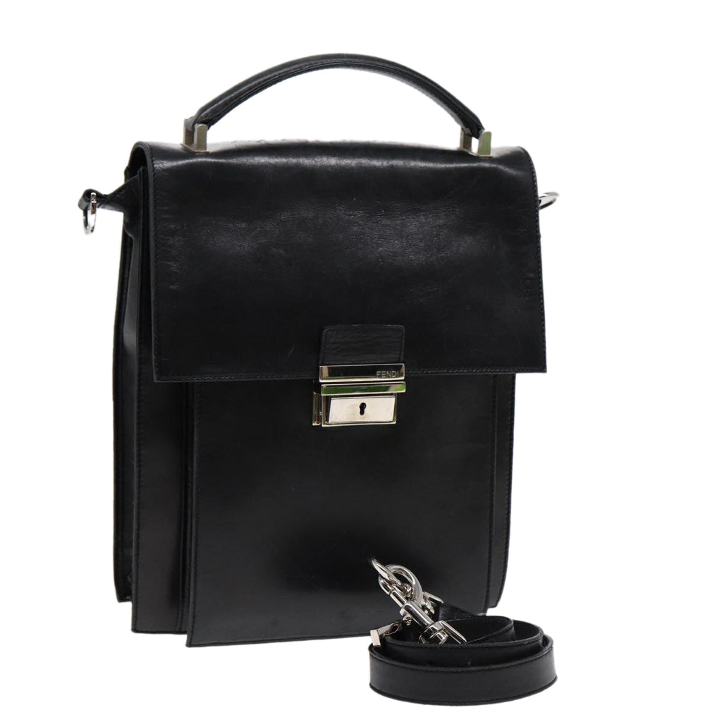 FENDI Hand Bag Leather 2way Black Silver ar12462