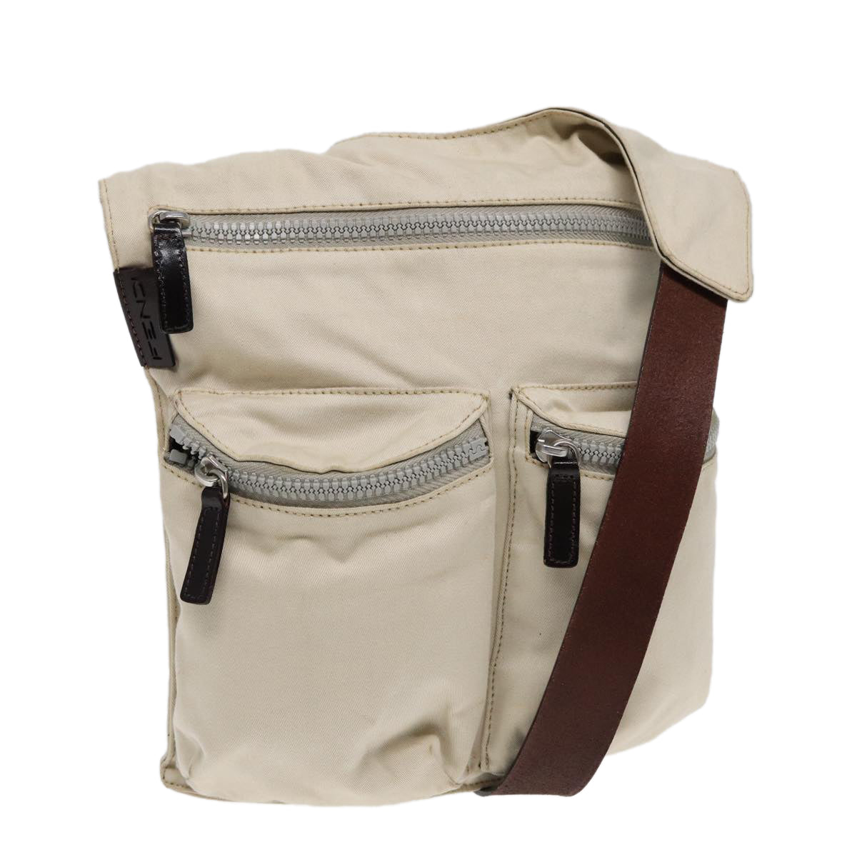 FENDI Shoulder Bag Canvas Leather Beige Brown Silver ar12463