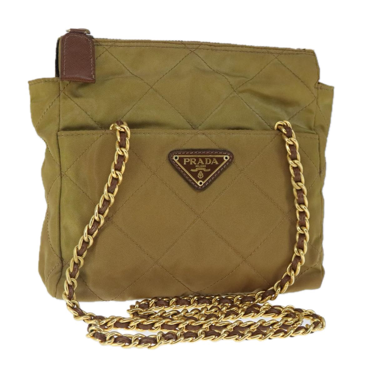 PRADA Chain Shoulder Bag Nylon Beige Gold ar12953