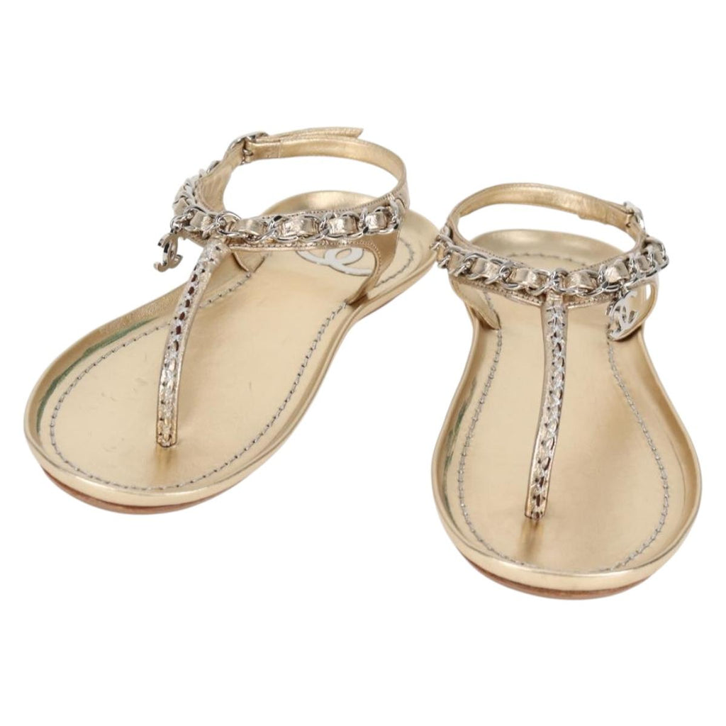 CHANEL COCO Mark Chain Strap Sandals Leather Gold CC BA3976M