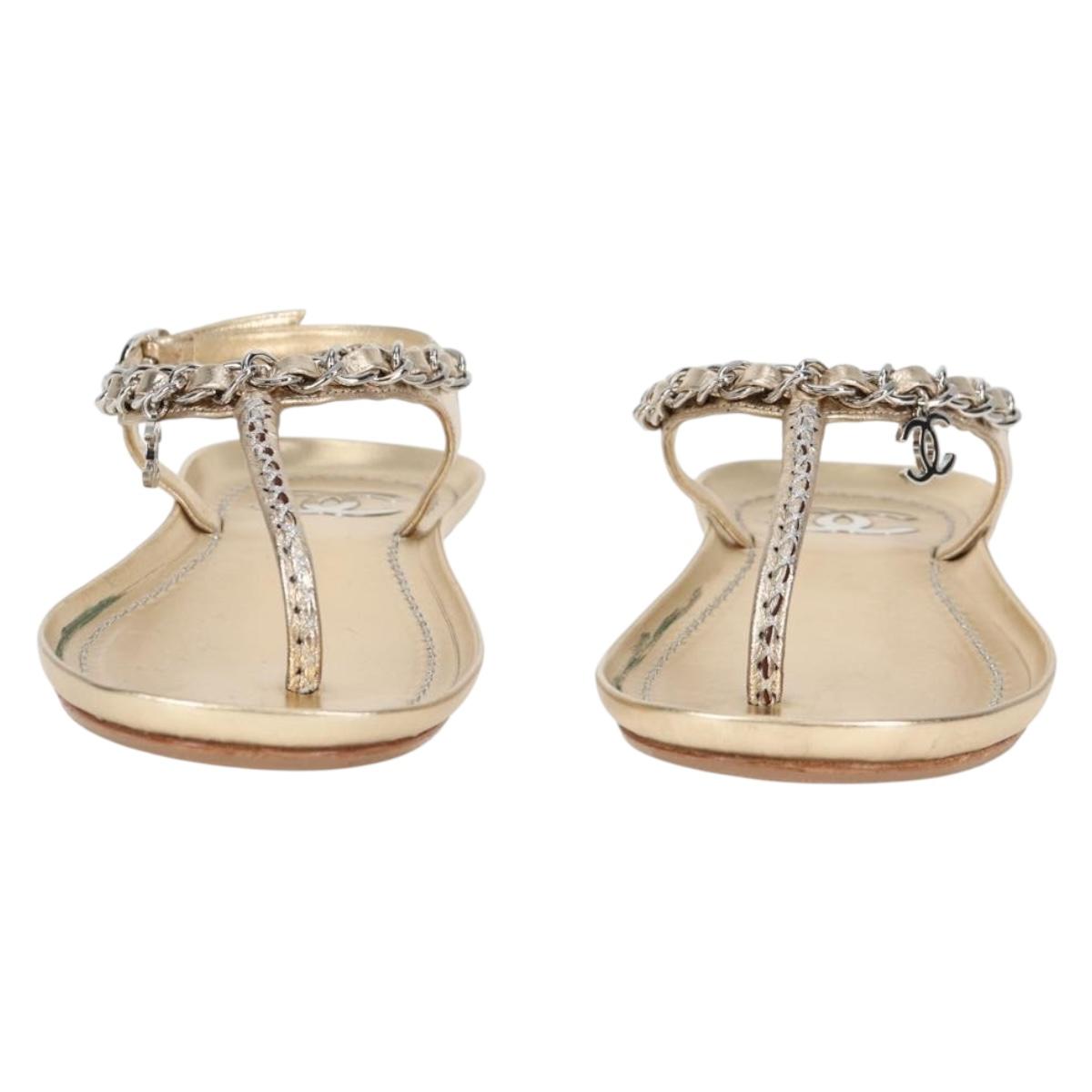 CHANEL COCO Mark Chain Strap Sandals Leather Gold CC BA3976M