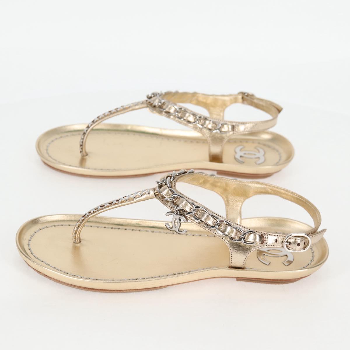 CHANEL COCO Mark Chain Strap Sandals Leather Gold CC BA3976M