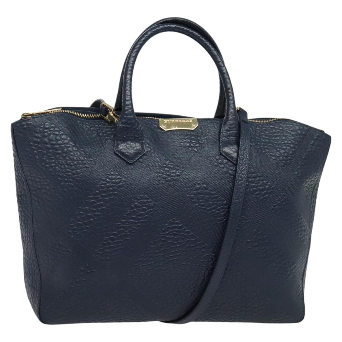 BURBERRY Hand Bag Leather 2way Navy Gold BA5284