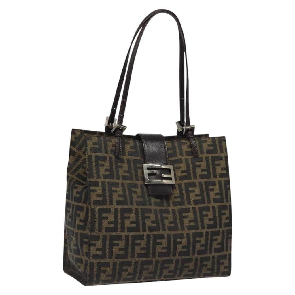 FENDI Zucca Canvas Mamma Baguette Tote Bag Black Brown Silver BD1155