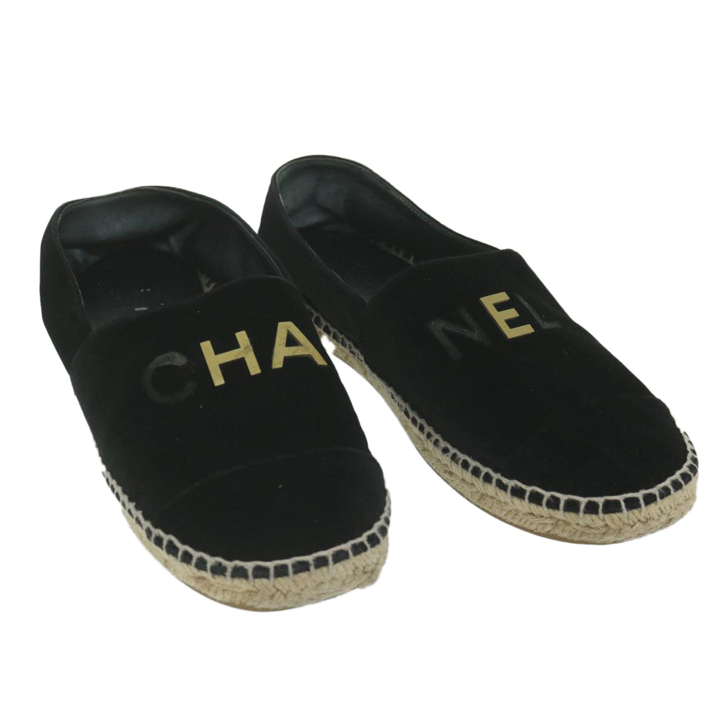 CHANEL Pumps Shoes Velor 38 Black CC bs10973