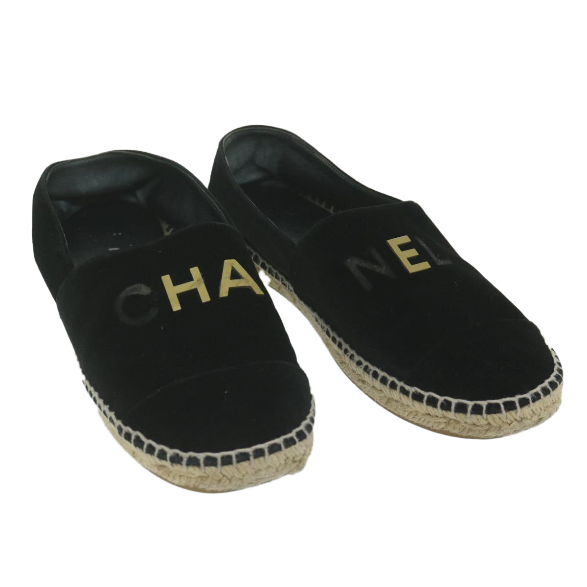 CHANEL Pumps Shoes Velor 38 Black CC bs10973