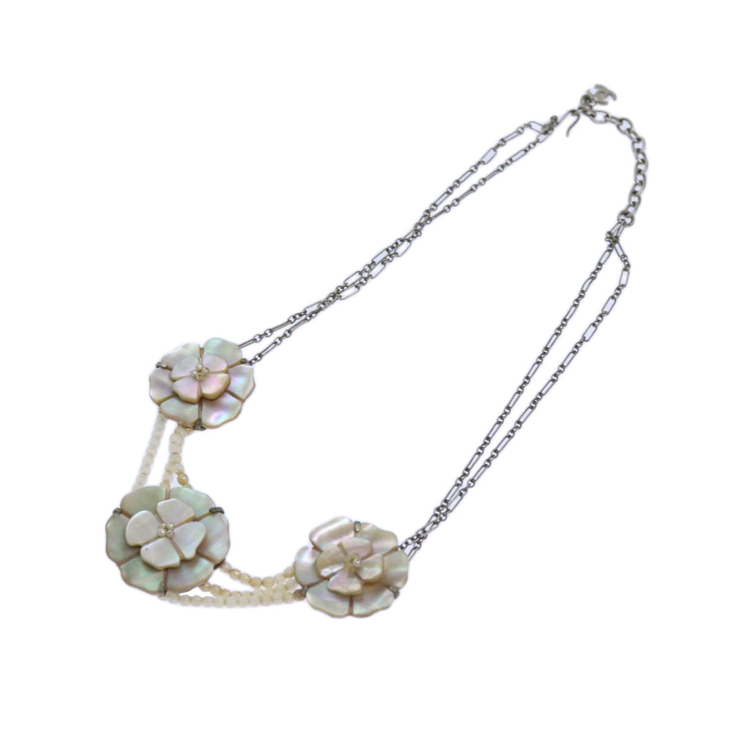 CHANEL Camelia Shell Necklace Silver CC bs13657