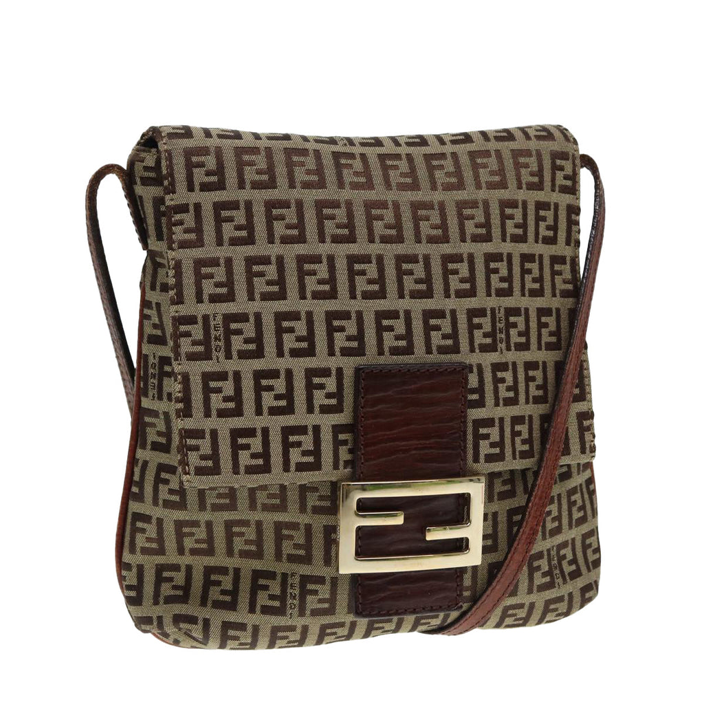 FENDI Zucchino Canvas Shoulder Bag Brown Gold bs17192