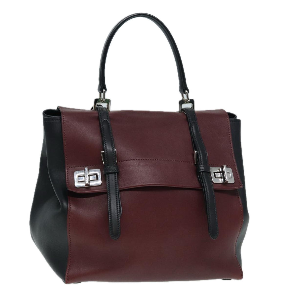 PRADA Hand Bag Leather Wine Red Silver bs17882