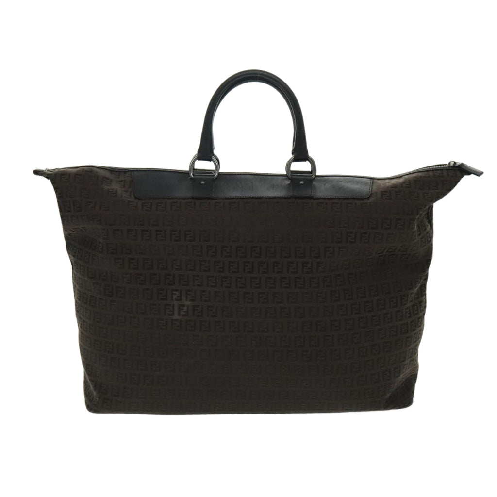 FENDI Zucchino Canvas Boston Bag Dark Brown Black Silver bs19297