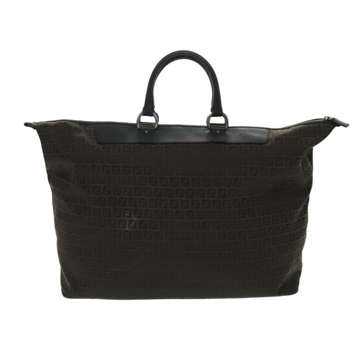 FENDI Zucchino Canvas Boston Bag Dark Brown Black Silver bs19297