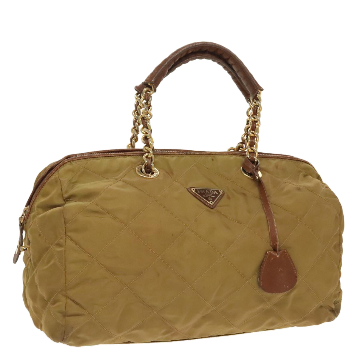 PRADA Chain Hand Bag Nylon Beige Gold bs19999