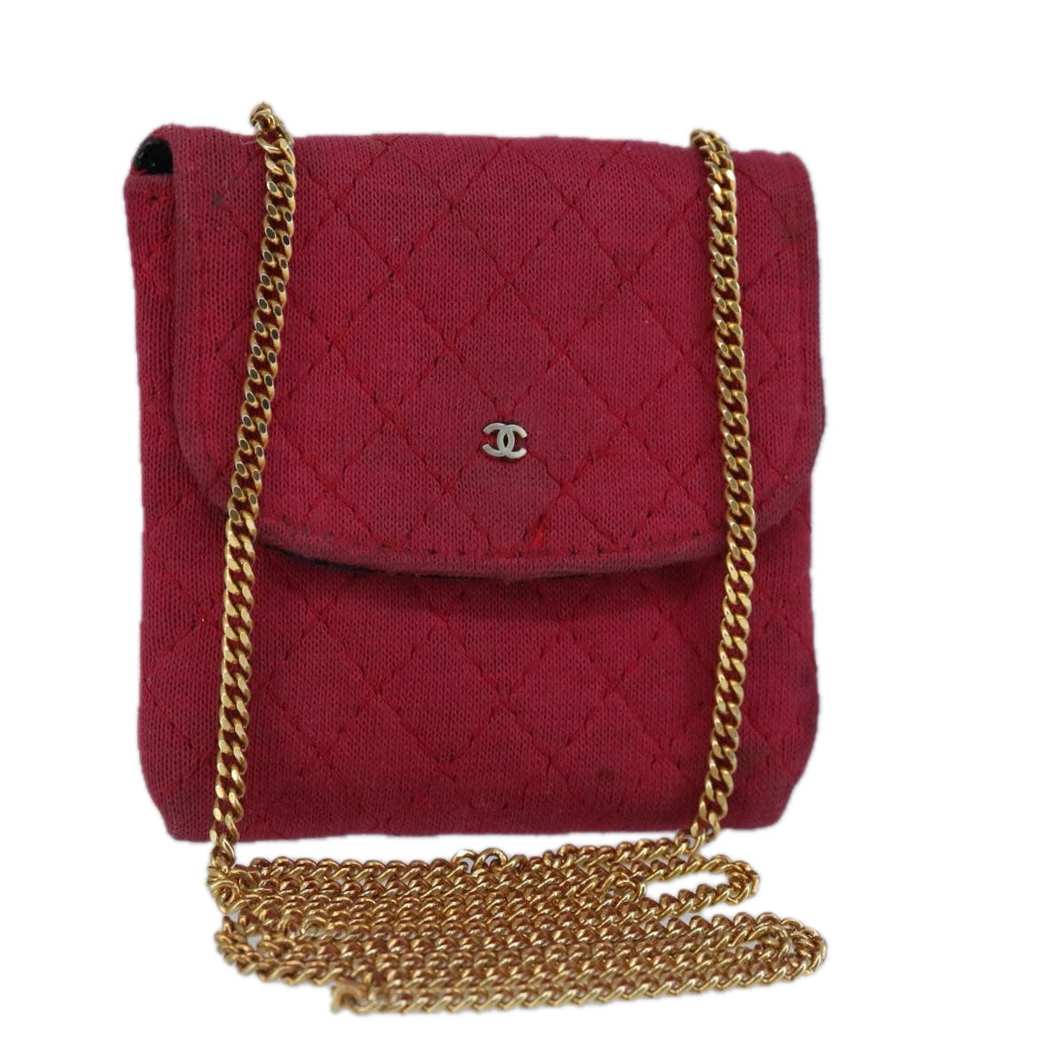 CHANEL Matelasse Necklace Pouch cotton Red Gold CC bs20086