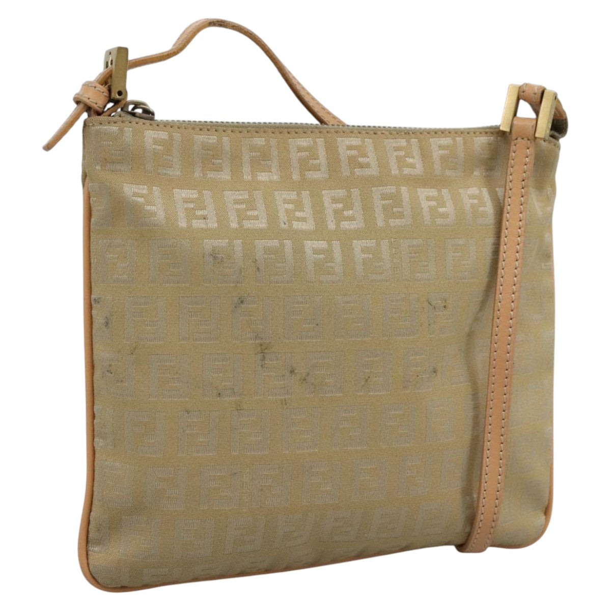 FENDI Zucchino Canvas Shoulder Bag Beige Gold bs21960