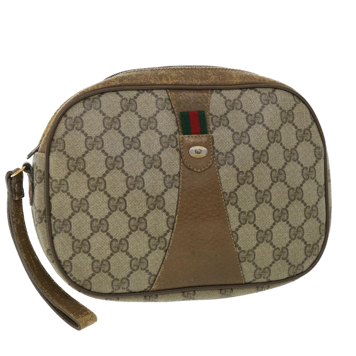 GUCCI GG Canvas Web Sherry Line Clutch Bag PVC Leather Beige Green ep1670