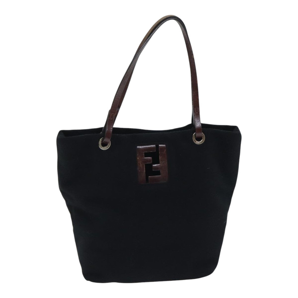 FENDI Hand Bag Wool Leather Black Brown Silver ep5859