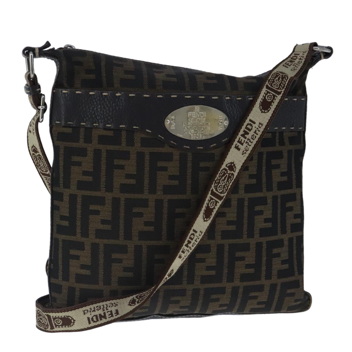 FENDI Celeria Zucca Canvas Shoulder Bag Black Brown ep6625