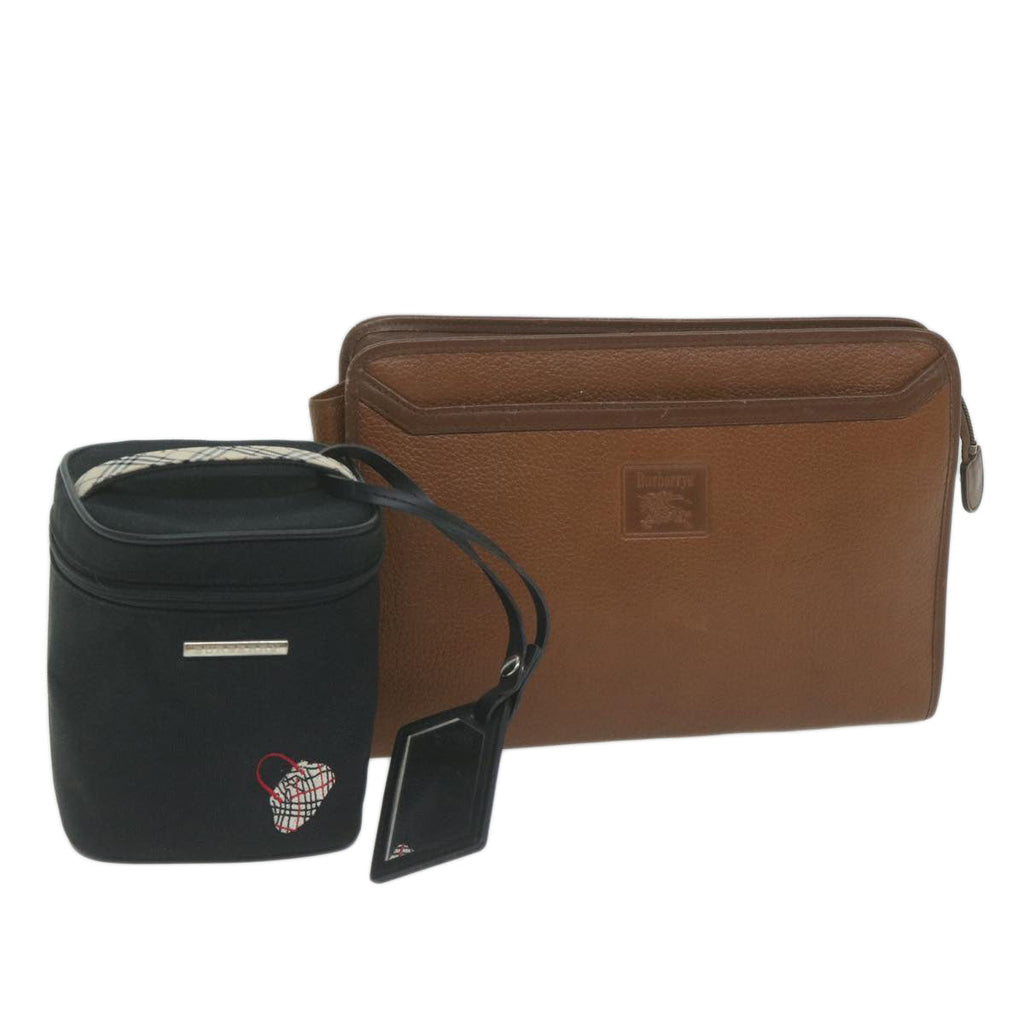 BURBERRY Burberrys Cosmetic Clutch Bag Leather 2Set Black Brown fm3179