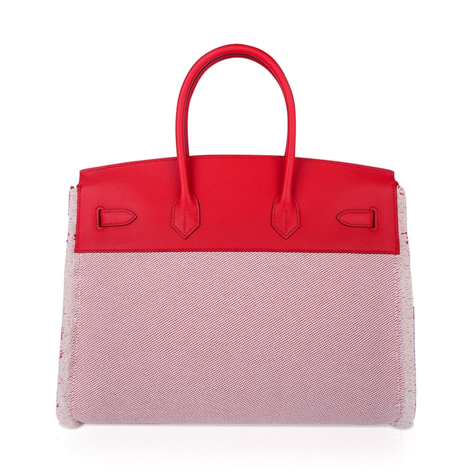 Hermes Limited Edition Birkin 35 Bag Fray Fray Framboise Toile & Swift Leather with Palladium Hardware