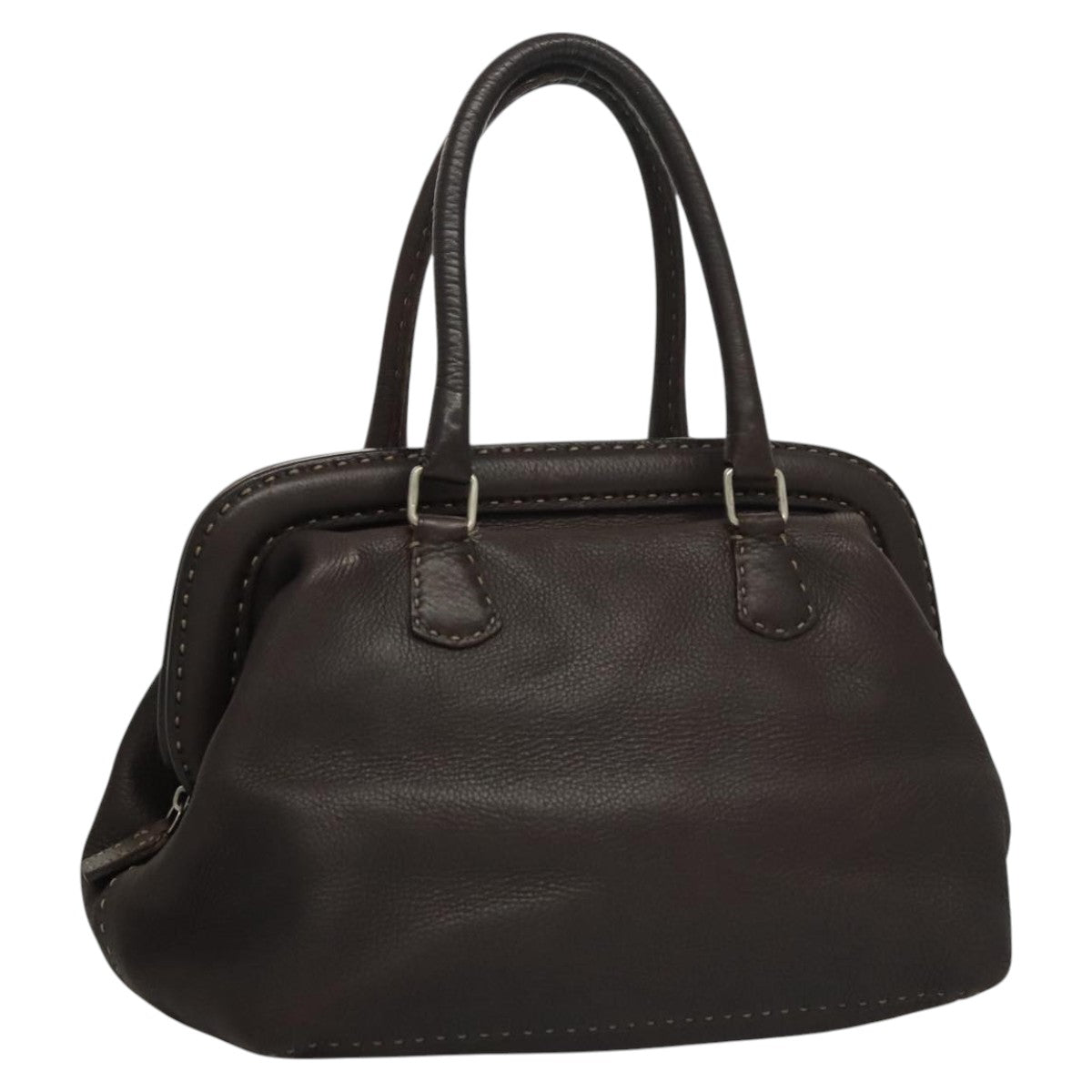 FENDI Celeria Hand Bag Leather Brown Silver hk2399