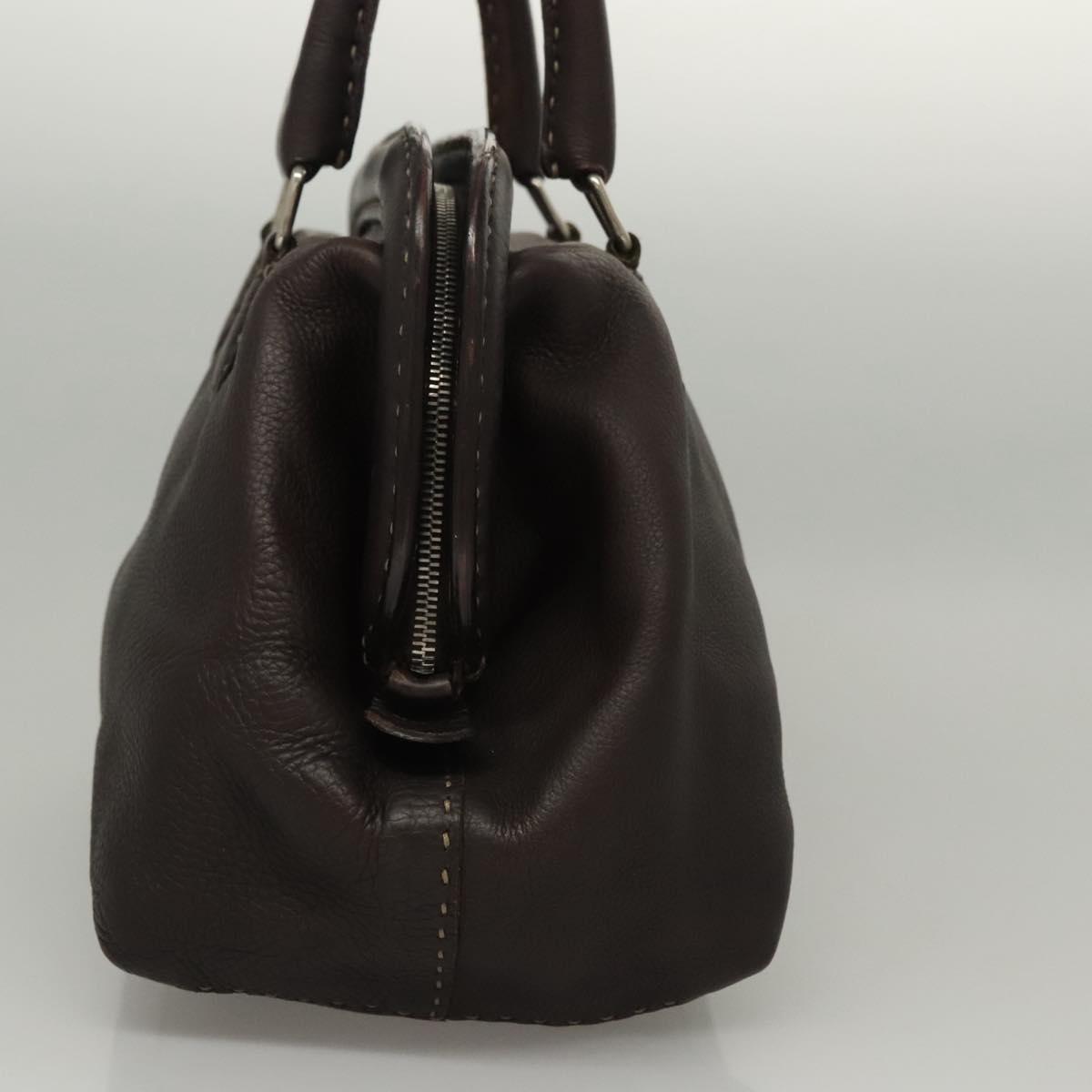 FENDI Celeria Hand Bag Leather Brown Silver hk2399
