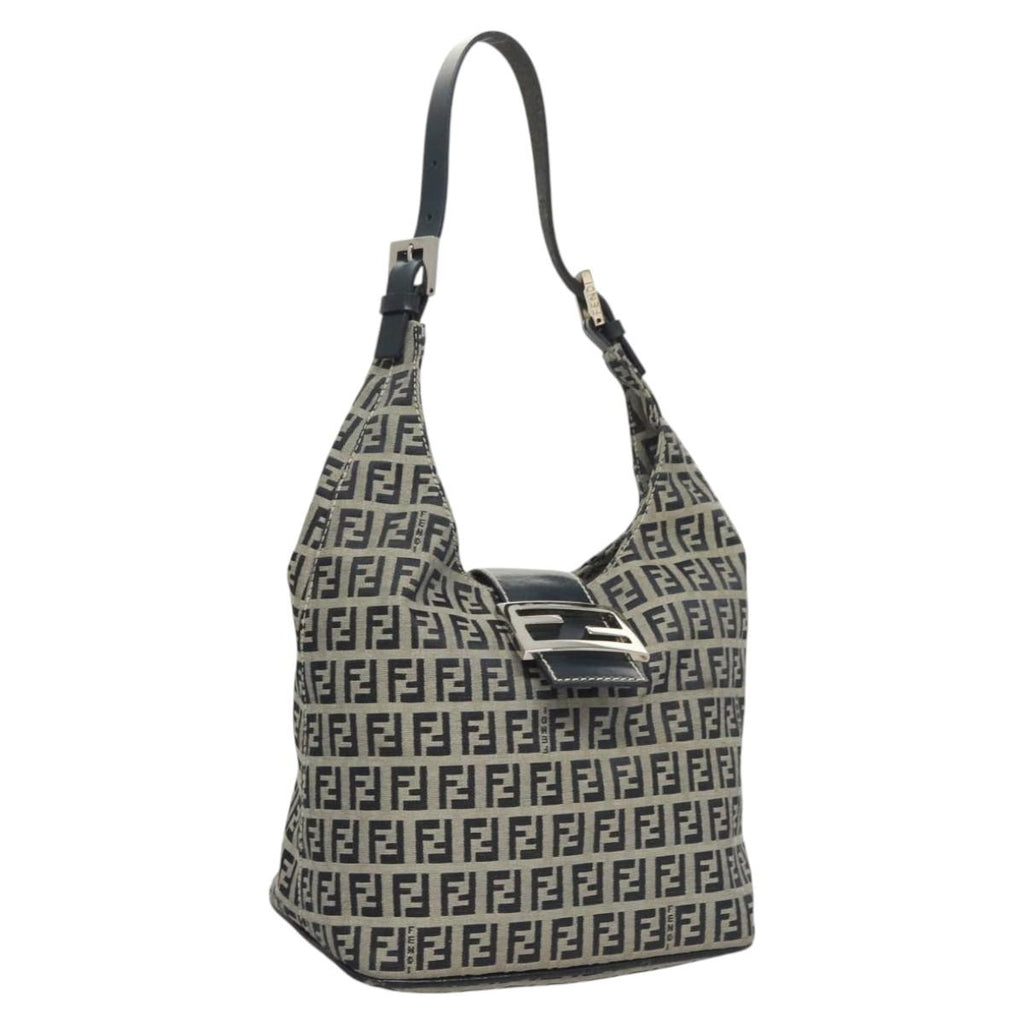 FENDI Zucchino Canvas Mamma Baguette Shoulder Bag Navy Silver hk2452