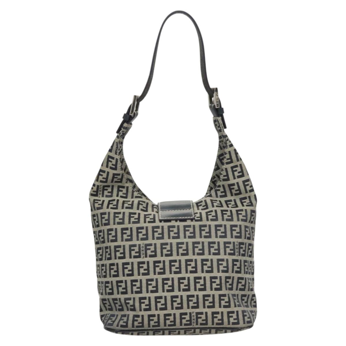 FENDI Zucchino Canvas Mamma Baguette Shoulder Bag Navy Silver hk2452