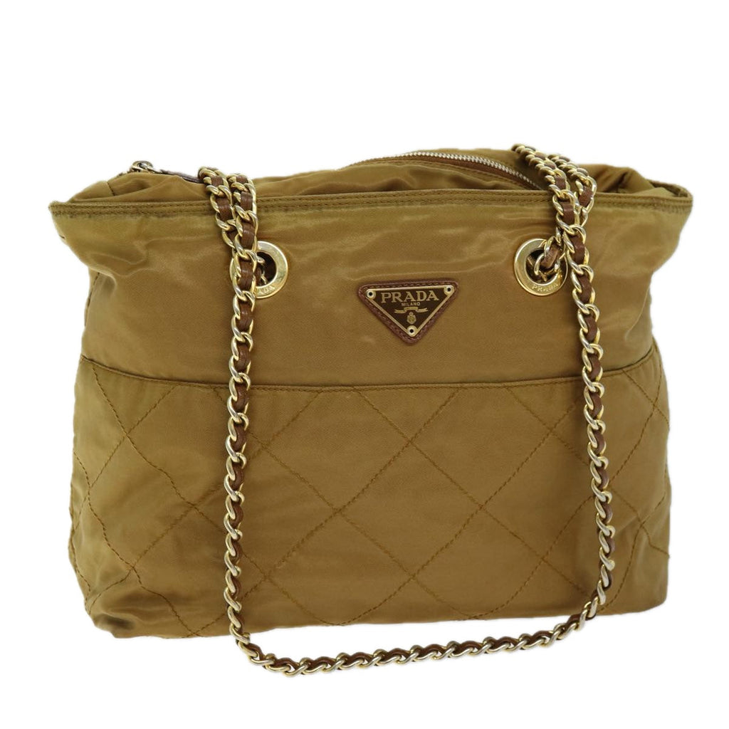 PRADA Quilted Chain Shoulder Bag Nylon Beige ki4426