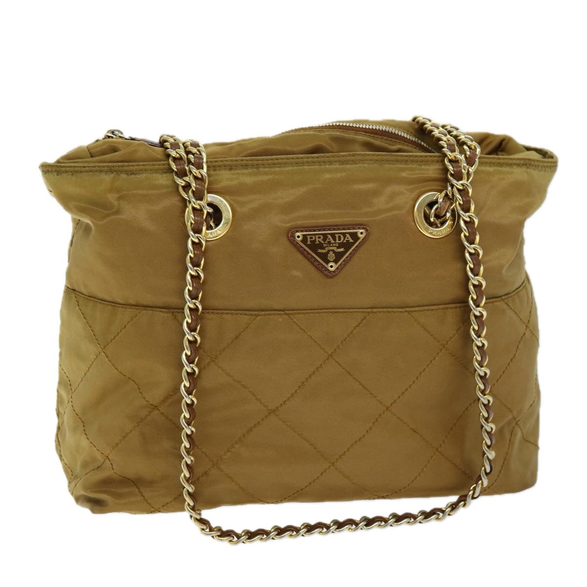 PRADA Quilted Chain Shoulder Bag Nylon Beige ki4426