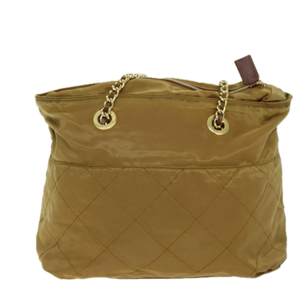 PRADA Quilted Chain Shoulder Bag Nylon Beige ki4426
