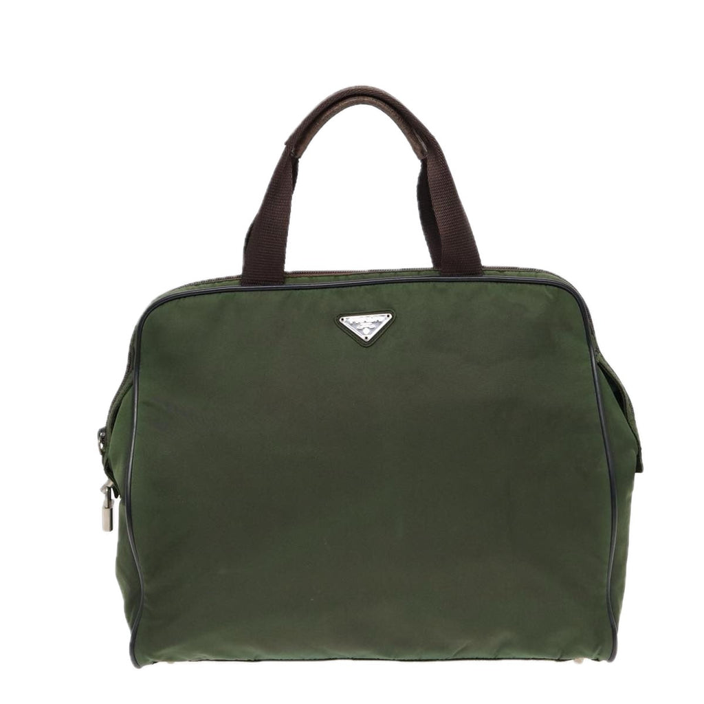 PRADA Hand Bag Nylon Khaki Brown Silver ki4736