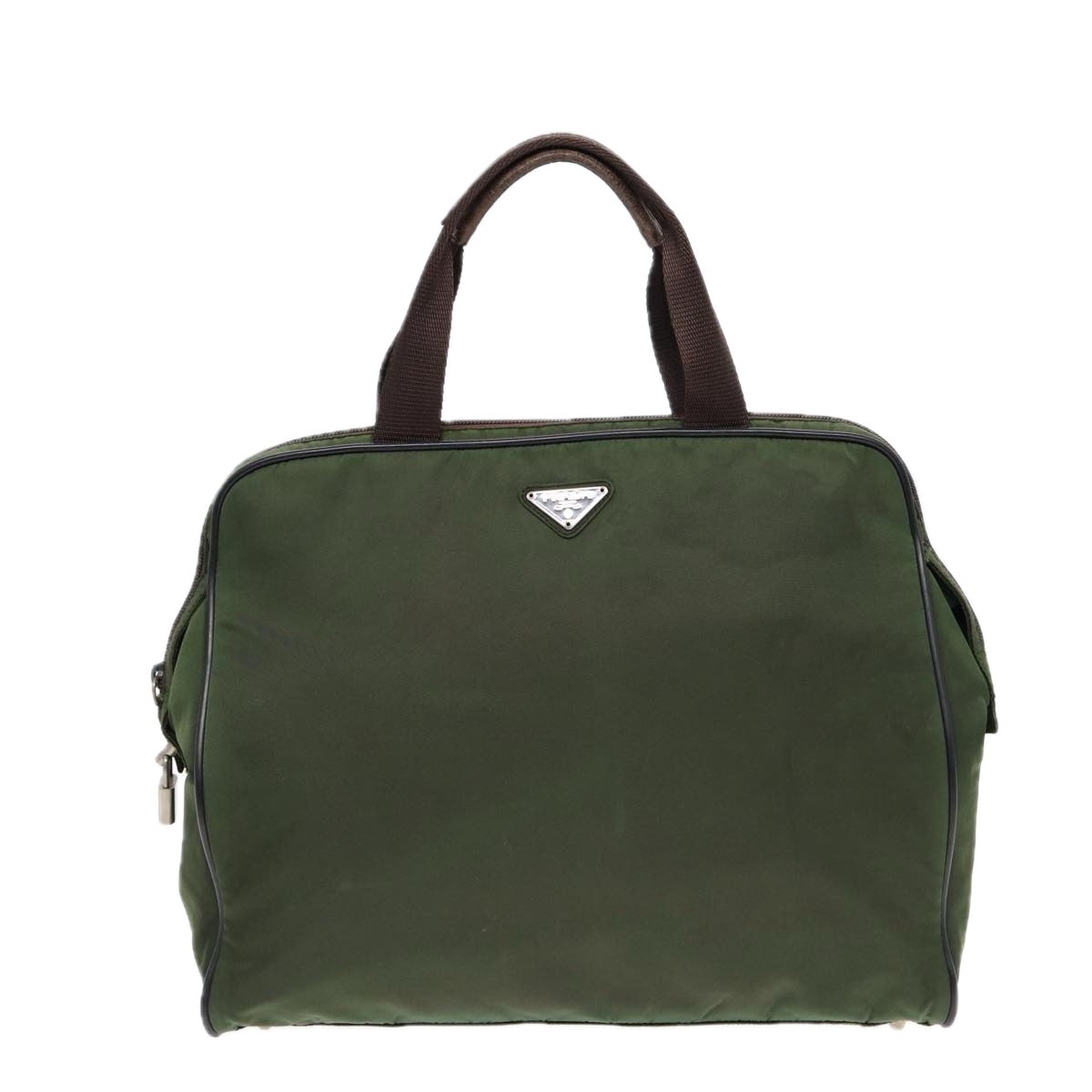 PRADA Hand Bag Nylon Khaki Brown Silver ki4736